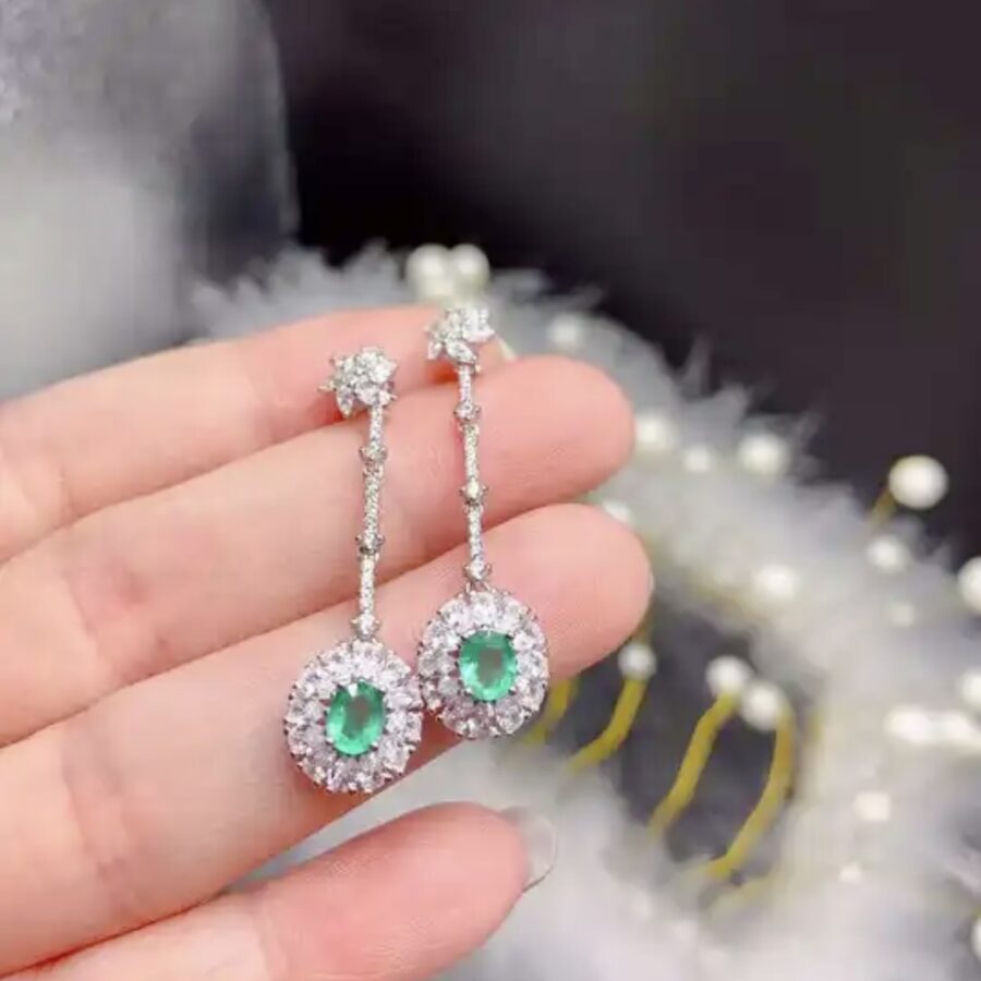 Natural Emerald and LC White Sapphire Cocktail Earrings