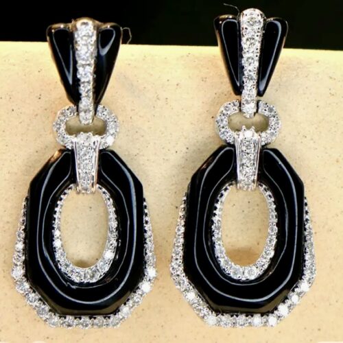 Natural Diamonds And Onyx Dangling Earrings.