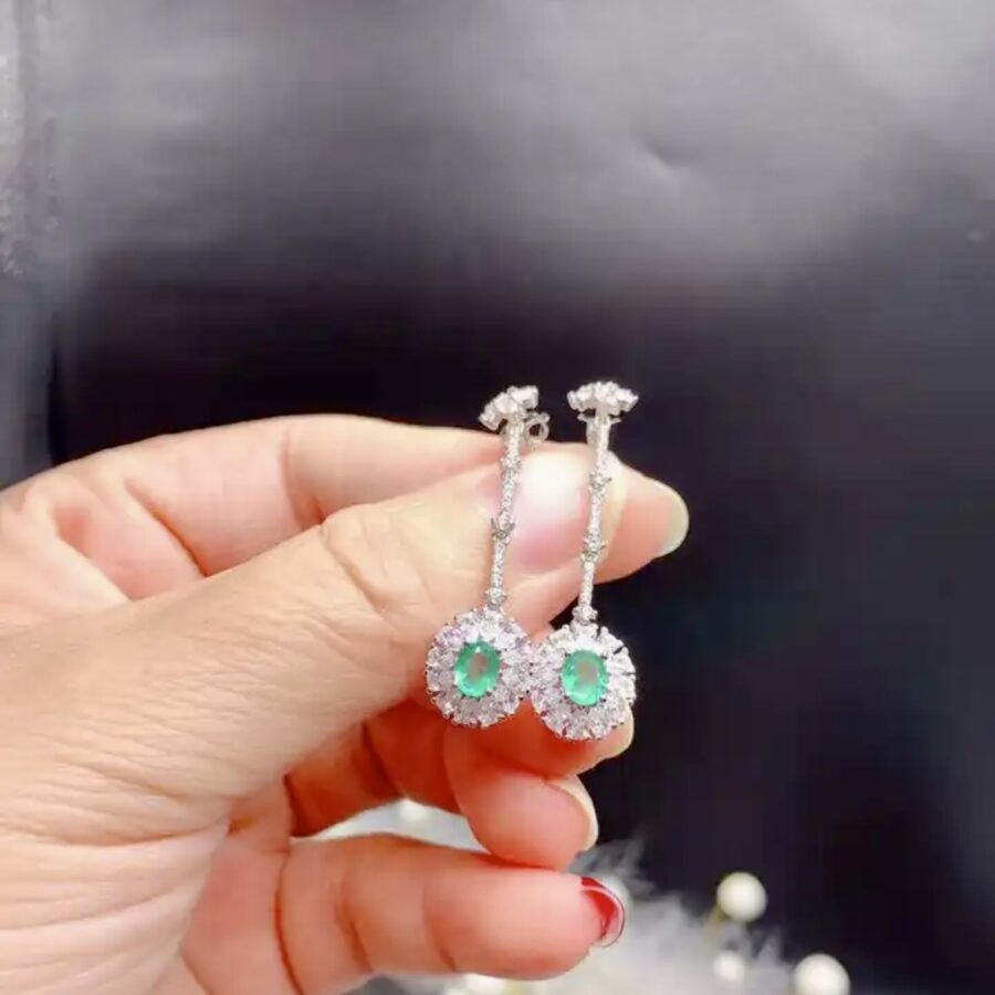 Natural Emerald and LC White Sapphire Cocktail Earrings - Image 3