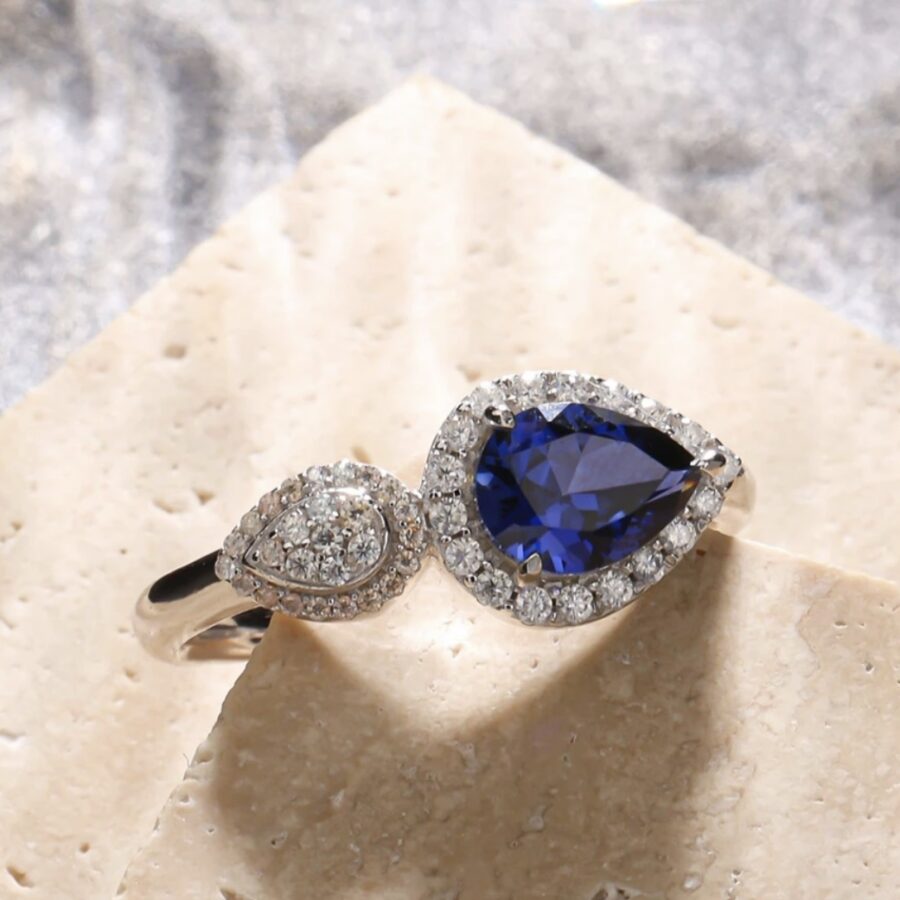 BLUE SAPPHIRE AND WHITE SAPPHIRE WATER DROP RING - Image 2