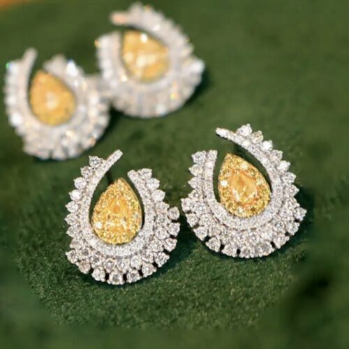 Yellow Diamond And White Diamond Tear Shaped Earrings.