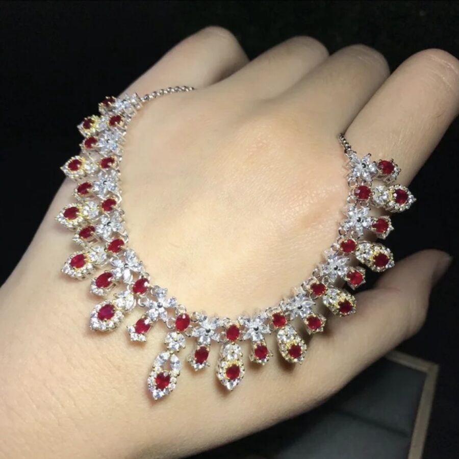 Natural Genuine Ruby and LC White Sapphire Chandelier Necklace