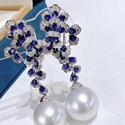 LC Blue Sapphire And White Sapphire And Natural Fresh Water Pearl Sterling Silver Earrings