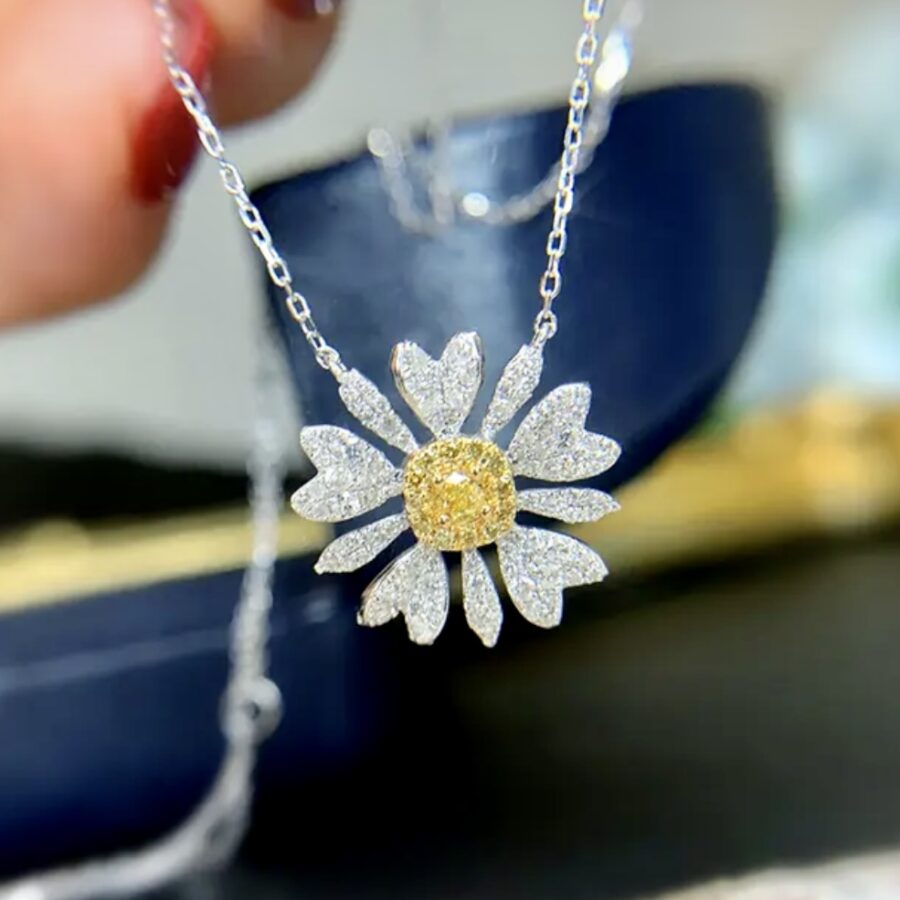 Natural White and Yellow Diamond Floral Pendant