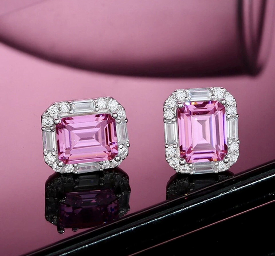 LC Emerald Cut Pink Sapphire Earrings Surrounded by Round and Baguette LC White Sapphires. - Image 3