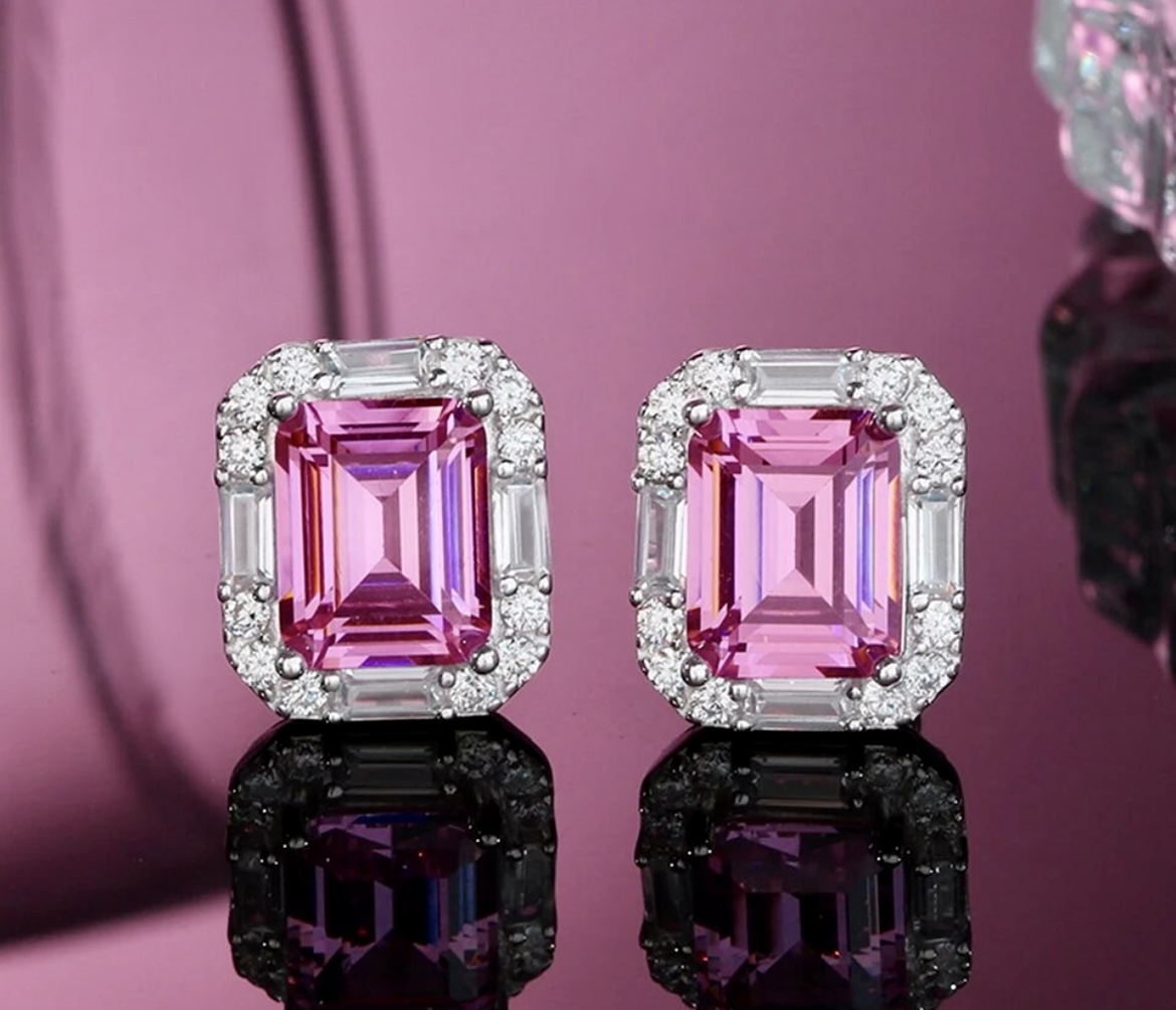 LC Emerald Cut Pink Sapphire Earrings Surrounded by Round and Baguette LC White Sapphires.