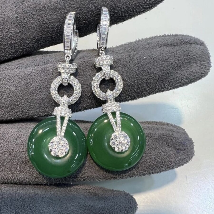 Oriental Inspired Sterling Silver and LC Jade and LC White Sapphire Drop Earrings