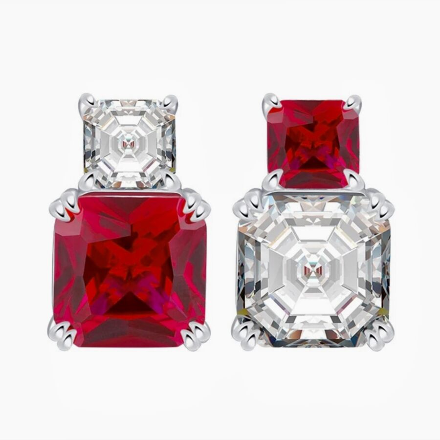 LC Ruby and LC White Sapphire Asscher Cut Earrings set in 925 Sterling Silver - Image 3