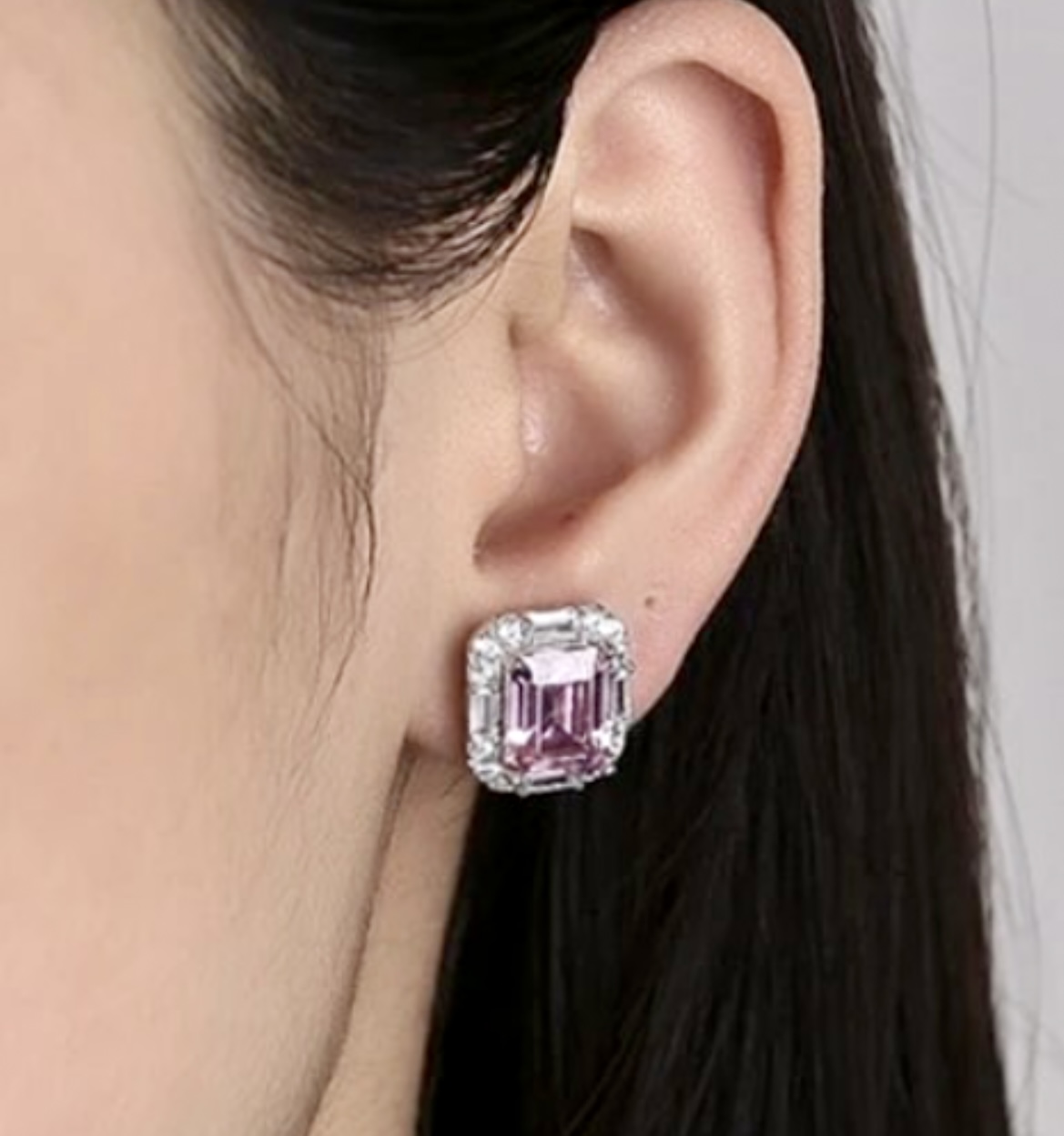 LC Emerald Cut Pink Sapphire Earrings Surrounded by Round and Baguette LC White Sapphires. - Image 2