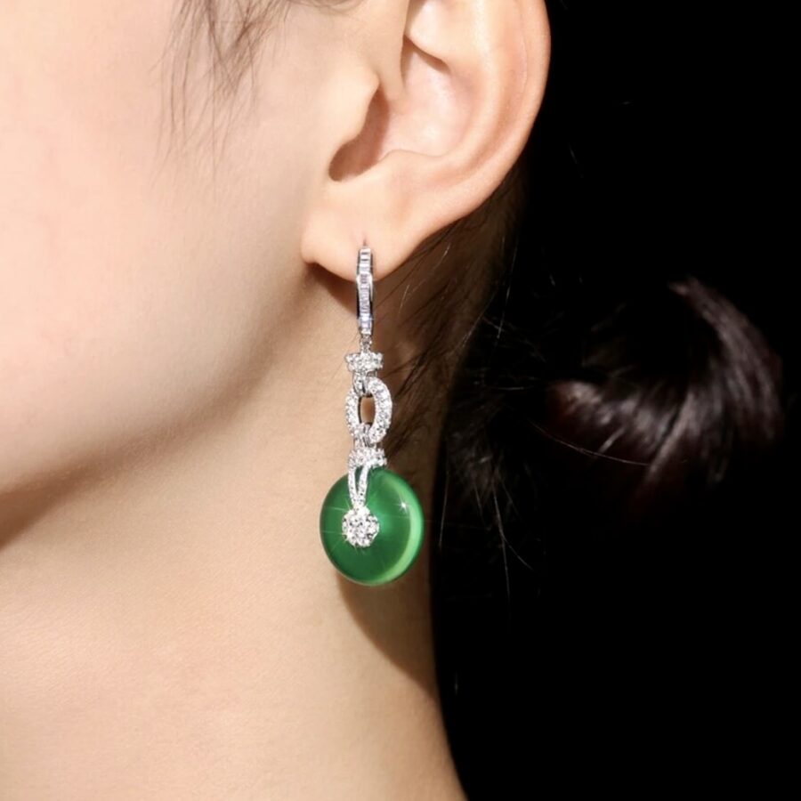Oriental Inspired Sterling Silver and LC Jade and LC White Sapphire Drop Earrings - Image 2