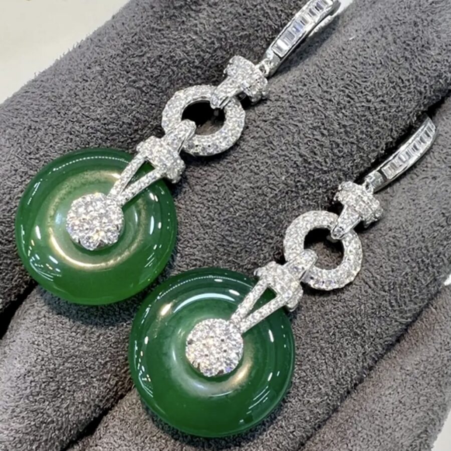Oriental Inspired Sterling Silver and LC Jade and LC White Sapphire Drop Earrings - Image 3
