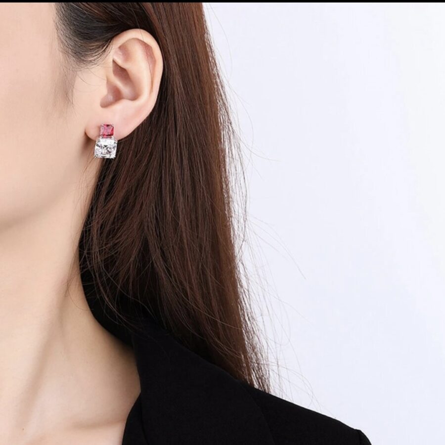 LC Ruby and LC White Sapphire Asscher Cut Earrings set in 925 Sterling Silver - Image 2