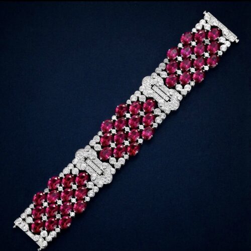 Roaring 20’s Inspired  Sterling Silver And LC Ruby And LC White Sapphire Cocktail Bracelet