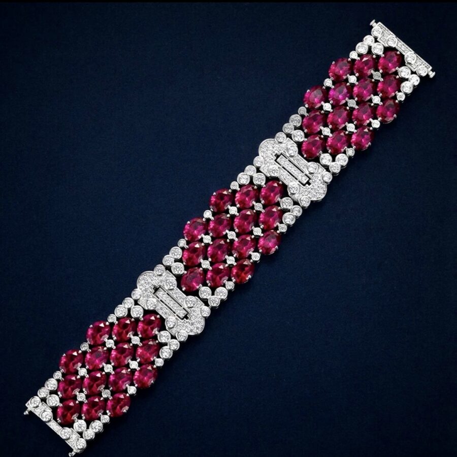 Roaring 20's Inspired  Sterling Silver and LC Ruby and LC White Sapphire Cocktail Bracelet