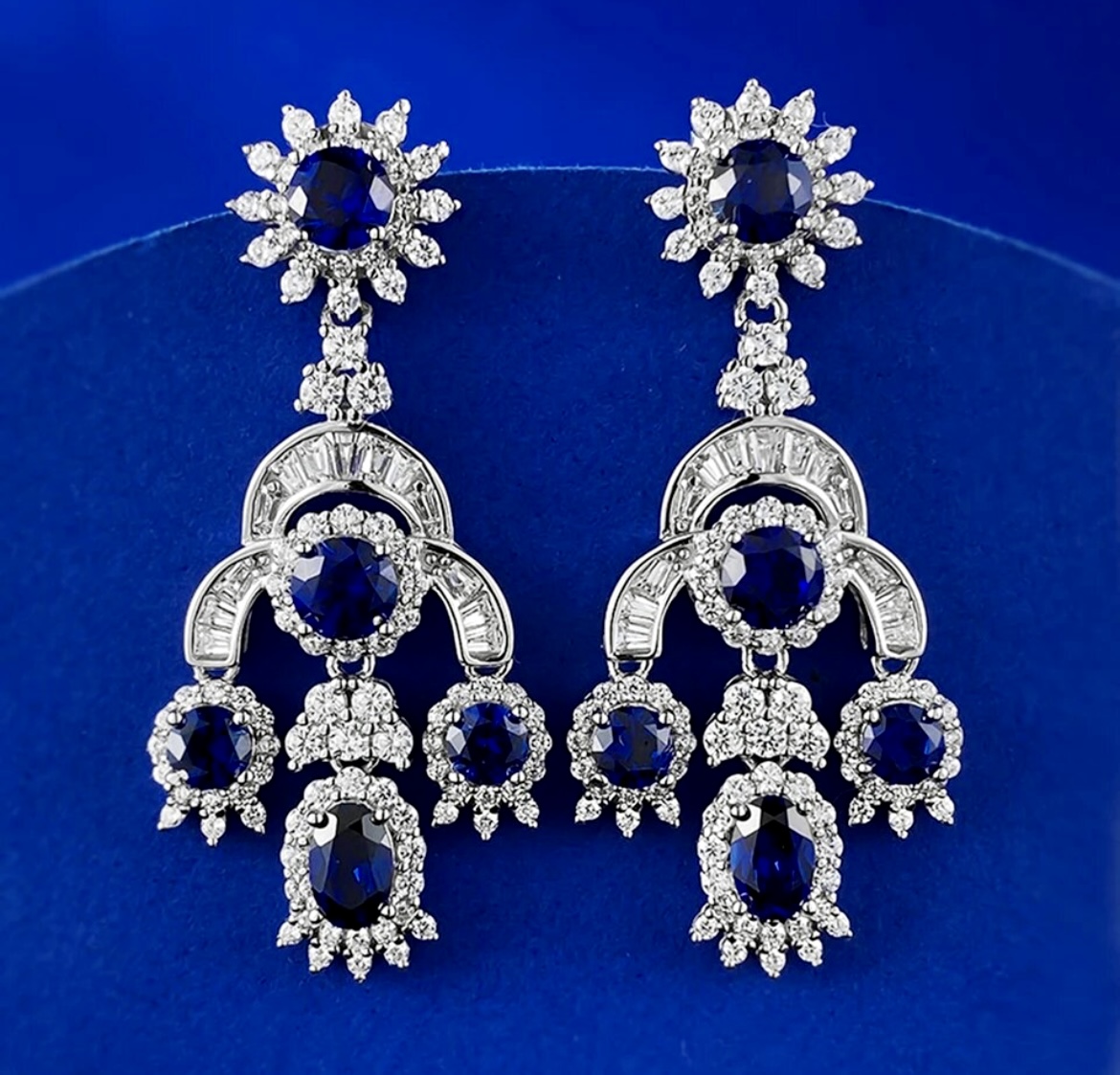 LC White and Blue Sapphire Chandelier Earrings in 925 Sterling Silver