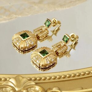 Roman Era Inspired 18 Kt Gold Plated Sterling Silver LC Emerald and LC White Sapphire Earrings