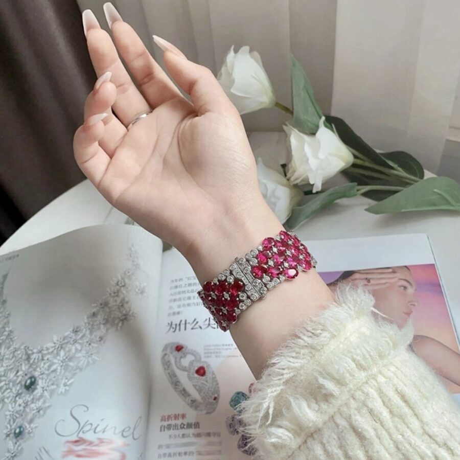 Roaring 20's Inspired  Sterling Silver and LC Ruby and LC White Sapphire Cocktail Bracelet - Image 3