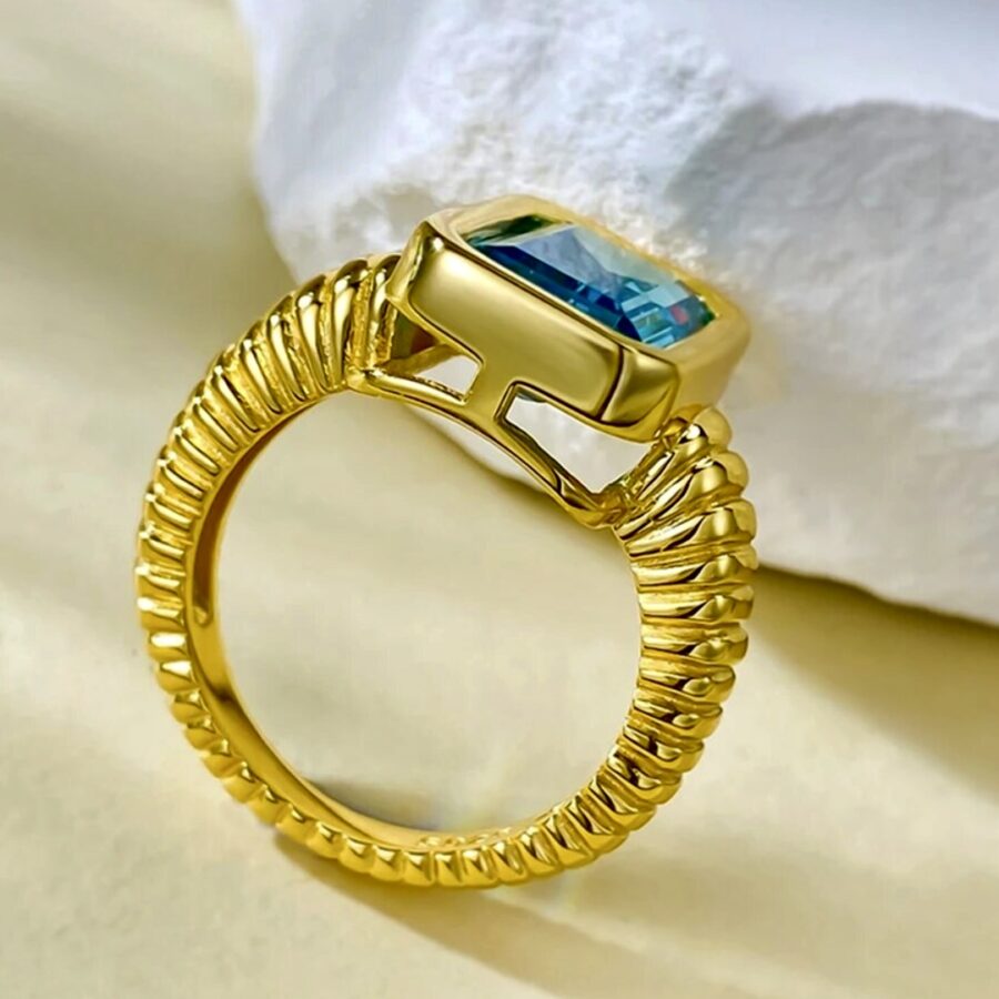 Roman Inspired LC Aquamarine  Besel Set in 18 Kt  Yellow Gold Plated Sterling Silver Ring - Image 2