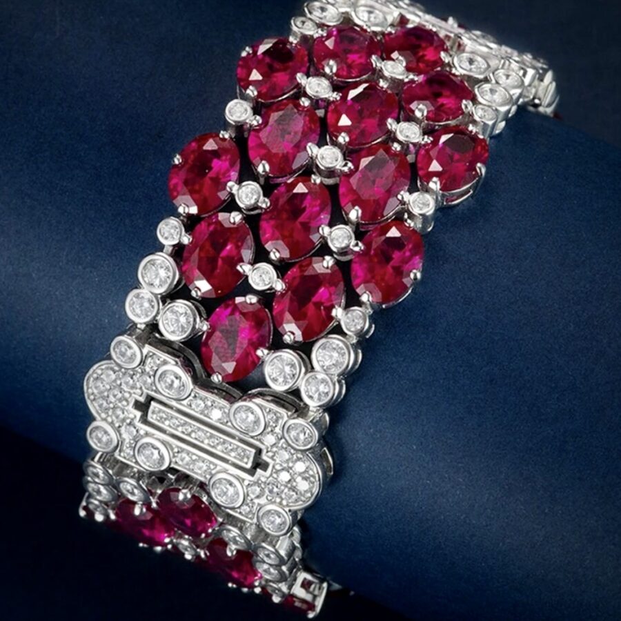 Roaring 20's Inspired  Sterling Silver and LC Ruby and LC White Sapphire Cocktail Bracelet - Image 2