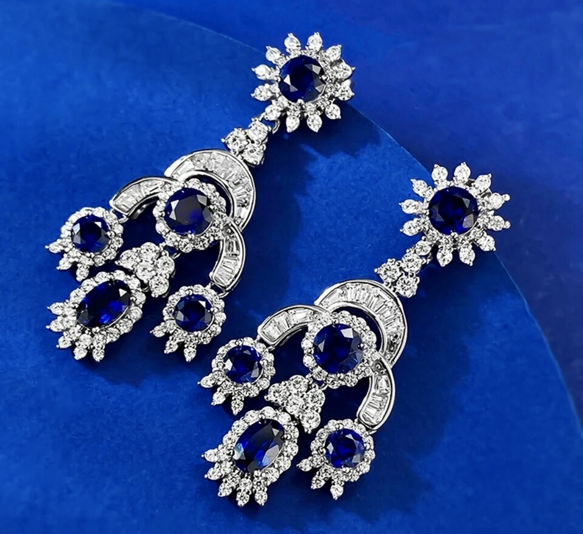 LC White and Blue Sapphire Chandelier Earrings in 925 Sterling Silver - Image 2